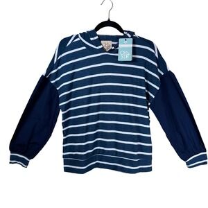 Chaser Blouson Sleeve Stripe Pullover Women M Navy White Stripe Coastal Nautical